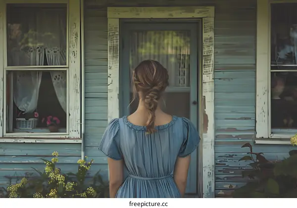 Woman in blue dress standing in front of a blue wooden house