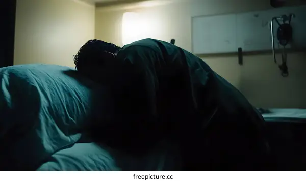 Man Lying On Hospital Bed In Darkness