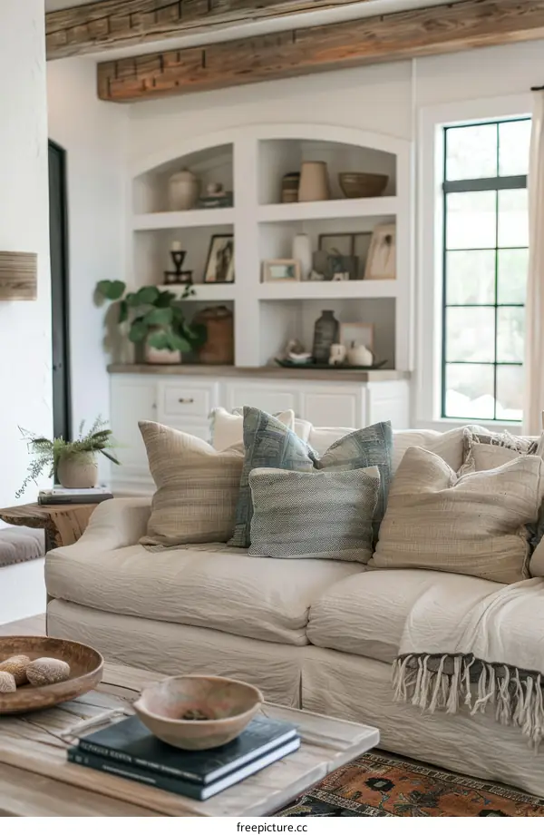 A cozy living room with a fireplace, sofa, coffee table, rug, and bookshelves