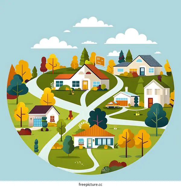 Colorful Illustration of a Suburb with Houses and Trees