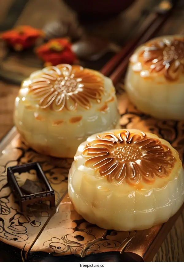 Close up of Chinese Mooncakes with Flower Designs on Wooden Tray
