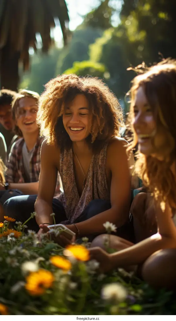 A group of multiethnic friends are sitting in a field of flowers, smiling and laughing.