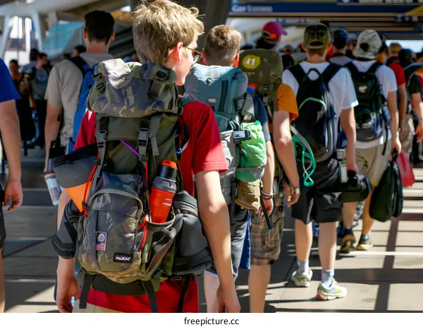 Group of Teenagers with Backpacks Walking on Pavement