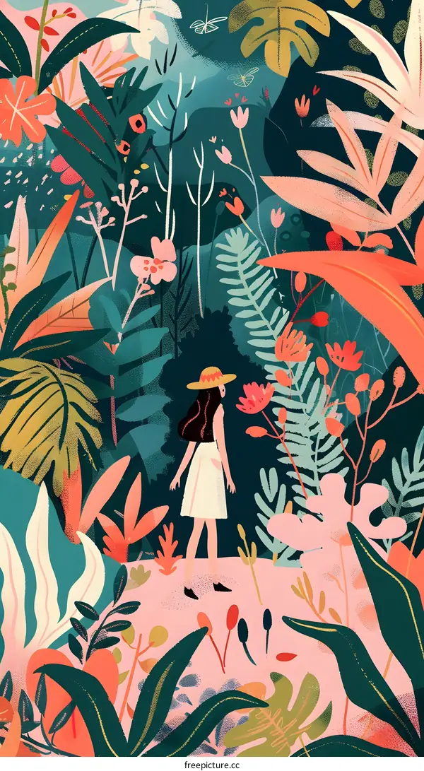 Woman Walking Through a Lush Tropical Forest