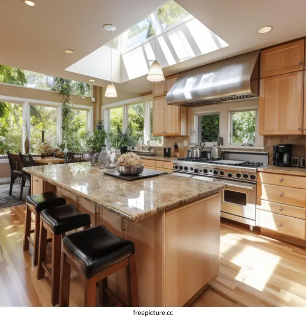 Bright and Airy Kitchen With Large Island and Skylights