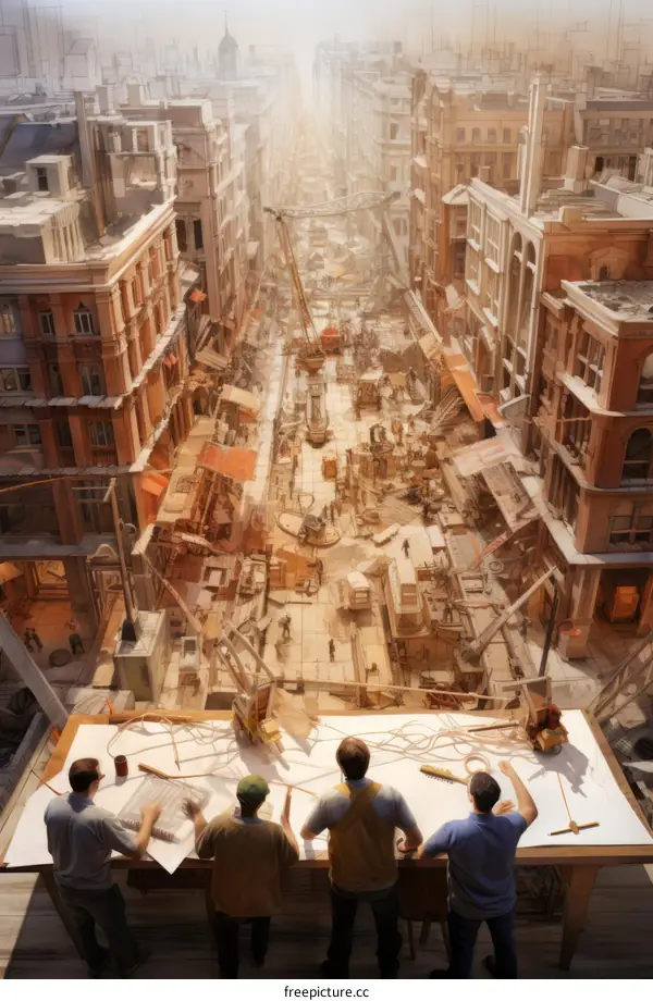 An illustration of four construction workers in hard hats looking down at a busy construction site with many workers and heavy machinery