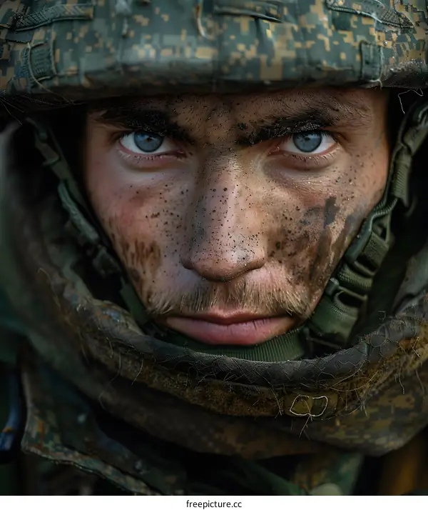 Portrait of a soldier with blue eyes and a dirty face