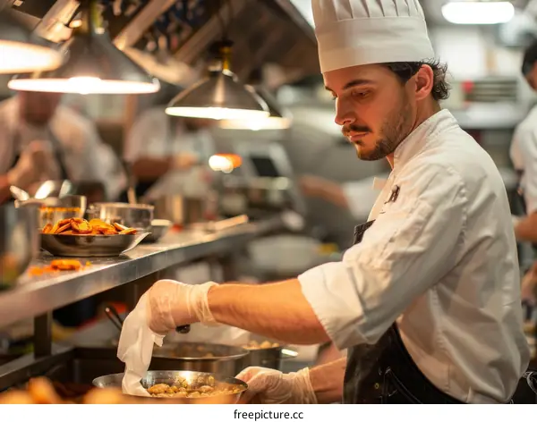 Focused male chef cooking in a commercial kitchen