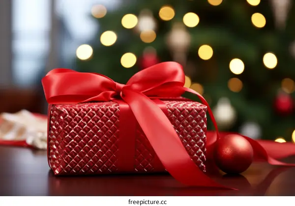 Red and white present with a red ribbon and a red ornament in front of a blurry Christmas tree