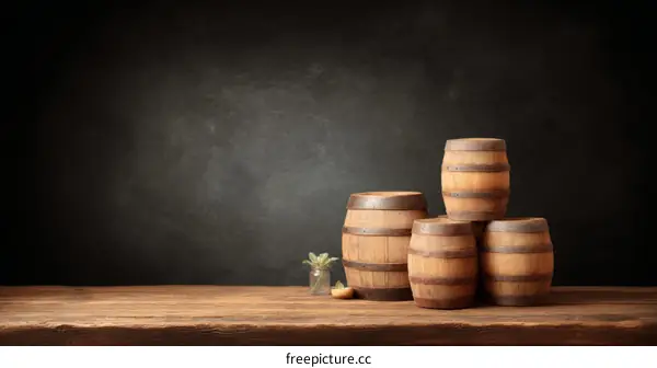 Vintage Wooden Barrels on a Wooden Tabletop