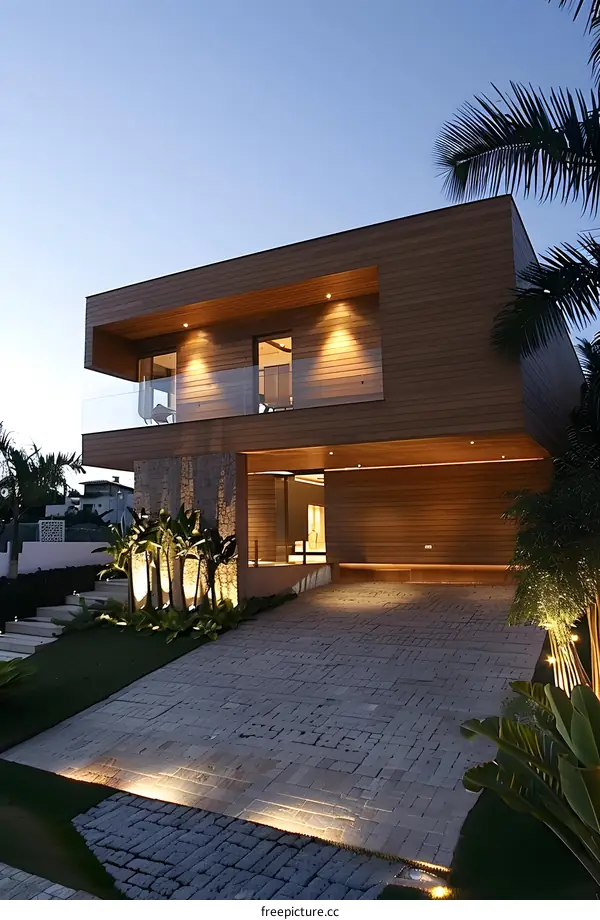 Modern Wooden House With Palm Trees And Stone Driveway At Dusk