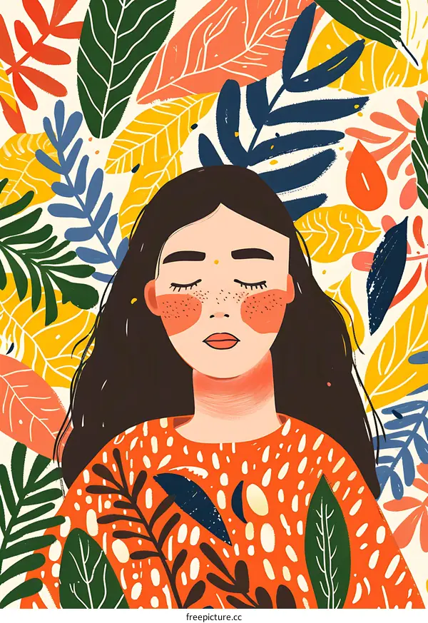 Woman With Closed Eyes Surrounded by Colorful Leaves