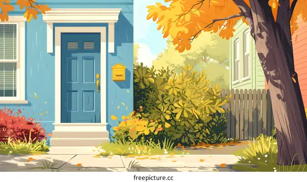 Blue House With Yellow Leaves Illustration