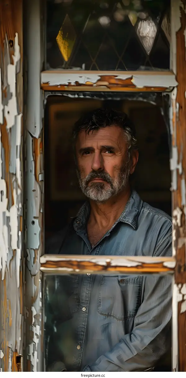 Portrait of a man looking through a rustic window