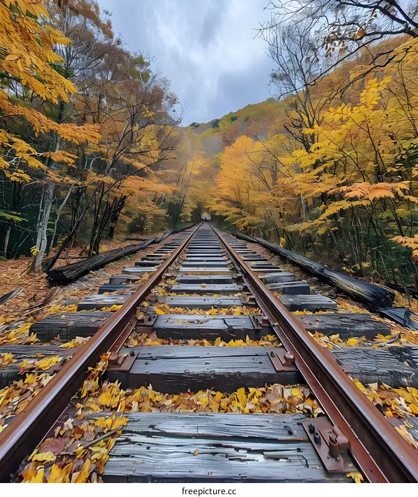 Railroad tracks through an autumn forest