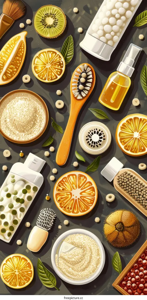 Various beauty products and natural ingredients are arranged on a dark background