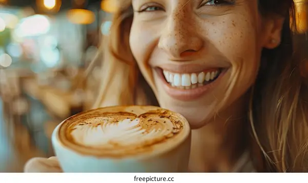 Close-up portrait of a happy young woman drinking coffee