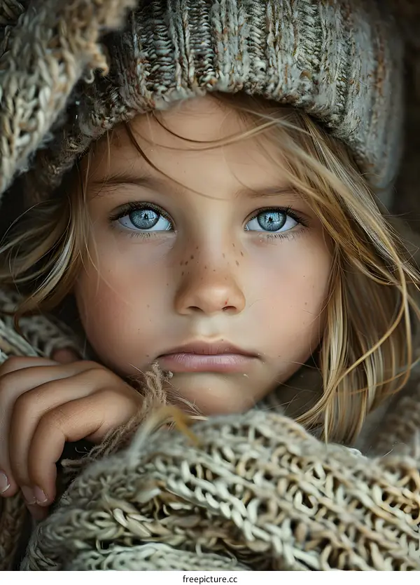 portrait of a girl with blue eyes and freckles