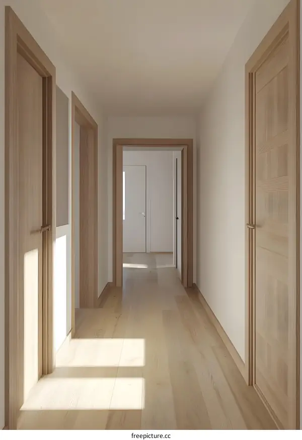 Modern Minimalist Hallway With Wooden Doors and Hardwood Flooring