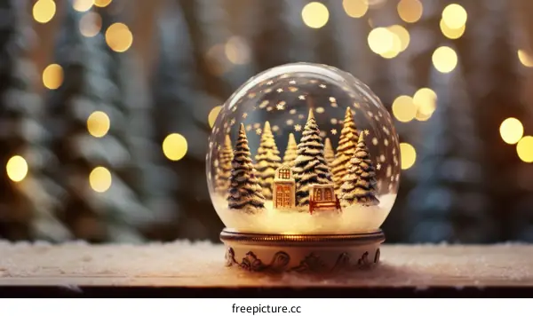 A snow globe with a cabin inside it sits on a wooden table.