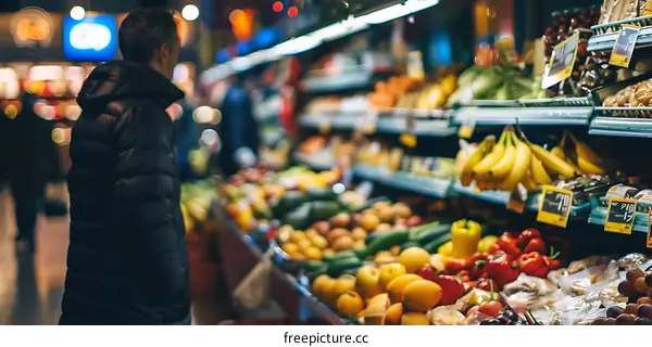 Fresh Produce Aisle in a Grocery Store with Customer