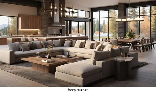 Modern house interior living room and dining room with large windows