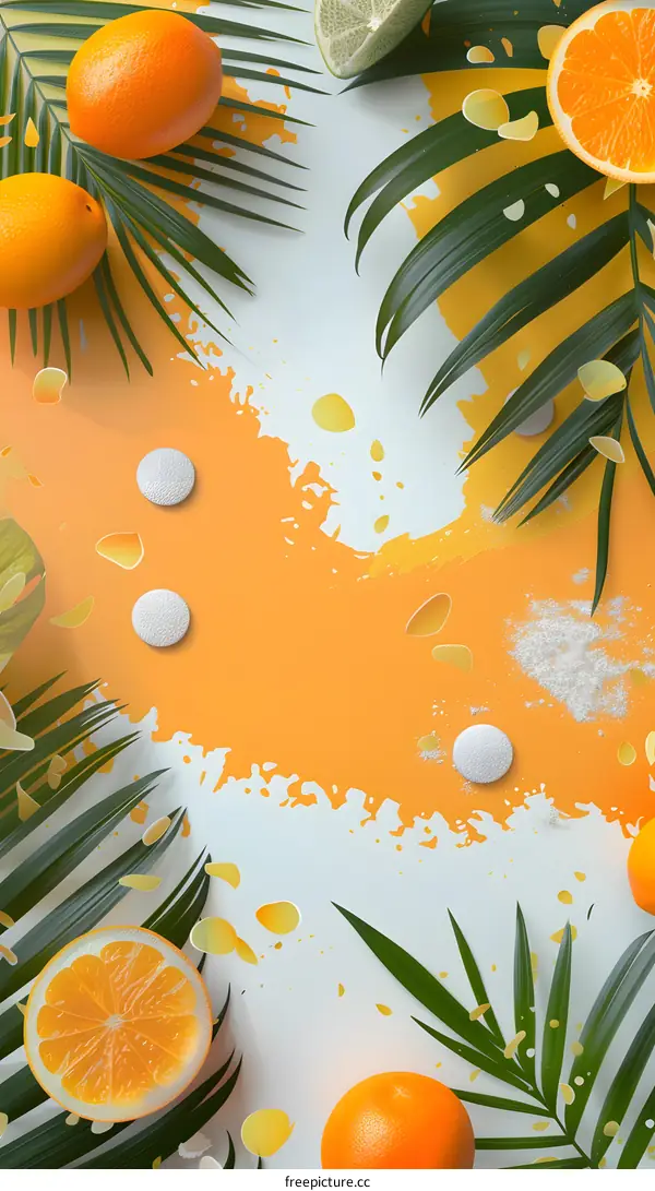 Summer Fruit Background With Palm Leaves and Orange Slices