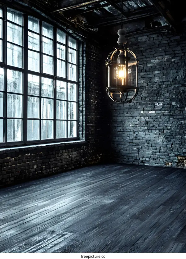 Dark Loft Interior With Brick Wall and Large Window