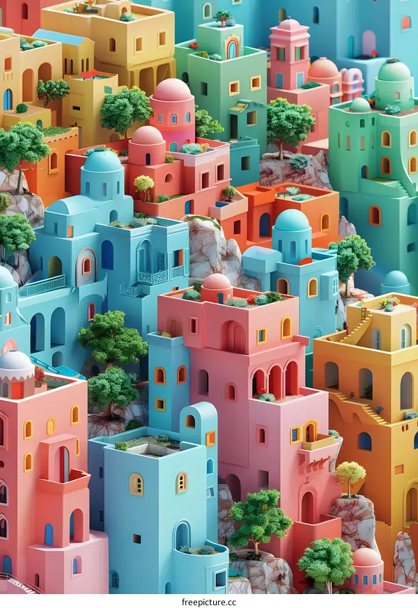 Colorful 3D illustration of a Mediterranean village