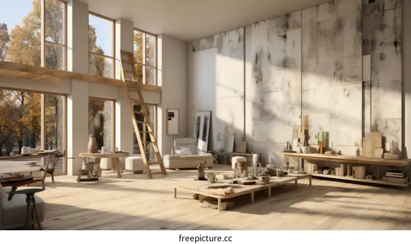 An art studio with large windows and a high ceiling