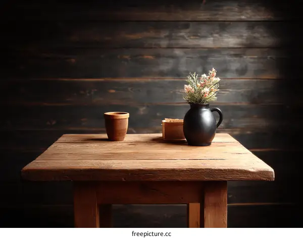 Rustic Wooden Table Setting with Pottery Vessels