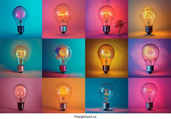 Light bulbs of different colors and shapes on a colored background