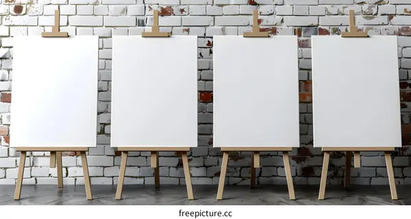 Four Blank Canvases on Easel Stands Against Brick Wall