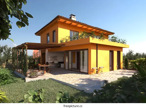 Modern Orange House With Patio and Garden