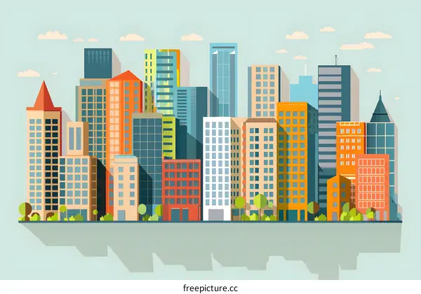 Cityscape with Colorful Buildings Flat Design Illustration