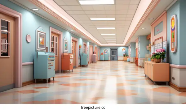 An illustration of a colorful hospital hallway