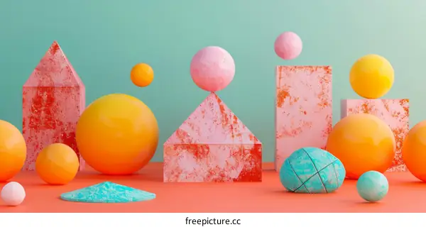 Pink and orange abstract composition of geometric shapes and spheres