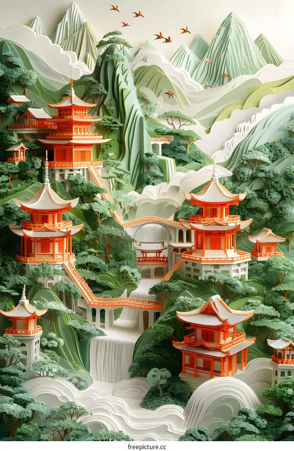 Serene Mountain Monastery Paper Art
