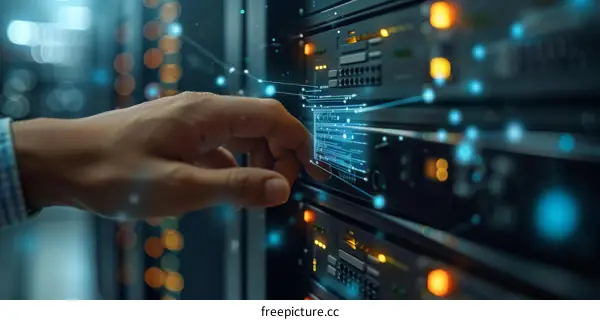 Server room with a hand touching a server