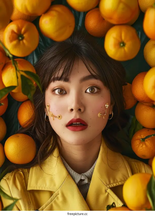 Close-up portrait of a young woman surrounded by oranges