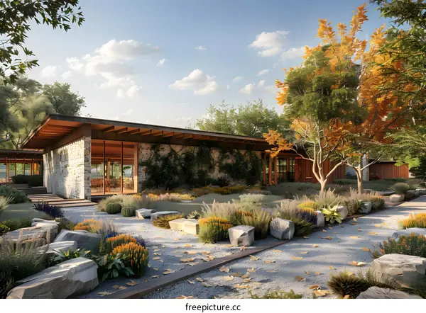 Courtyard of a Modern House with Large Windows and Stone Walls