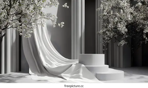 Minimalist 3D Render of White Fabric Draped on Stone Steps with Flowers