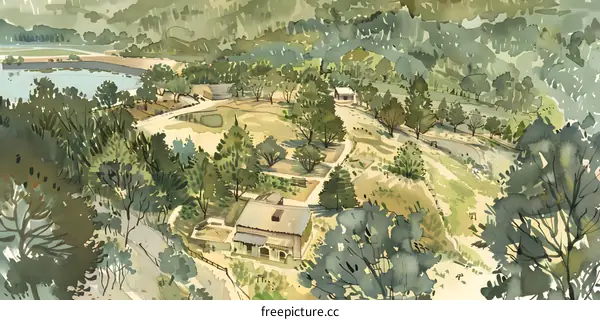 Watercolor Painting of a Scenic Landscape with a Lake and Houses