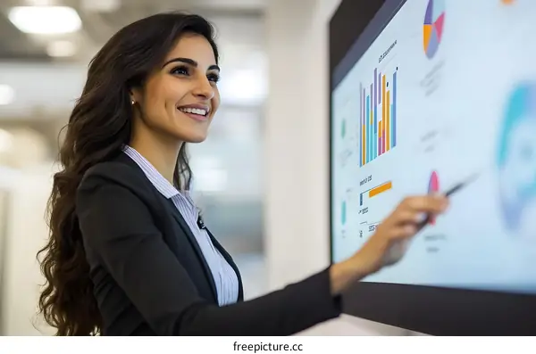 Smiling Businesswoman Presenting Data On A Touchscreen