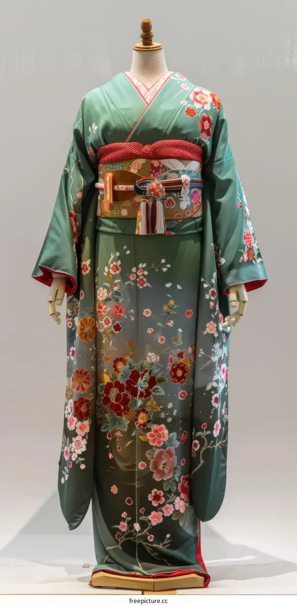 A woman wearing a green kimono with a floral pattern