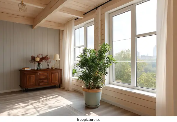 Wooden Interior with Large Windows and Plants