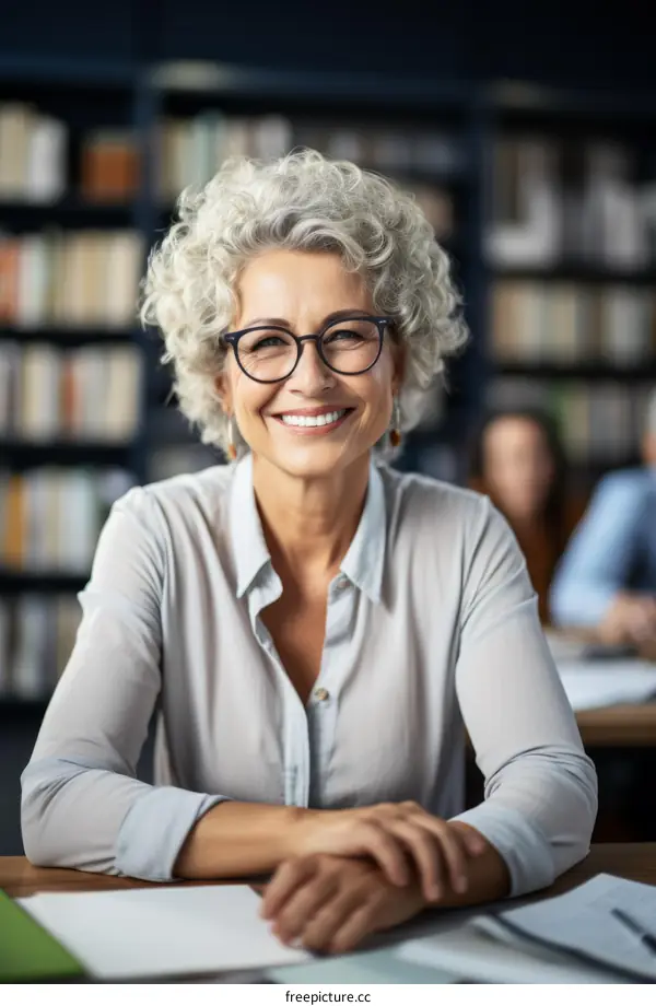Portrait of a smiling mature businesswoman sitting at her desk in the office