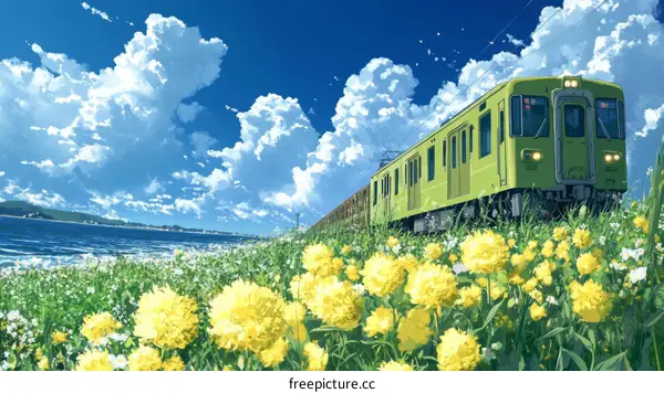 Spring Train Journey through a Blooming Field