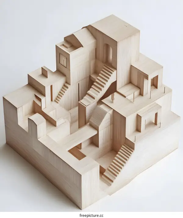 Wooden Model of Interconnected Houses with Multiple Levels and Staircases