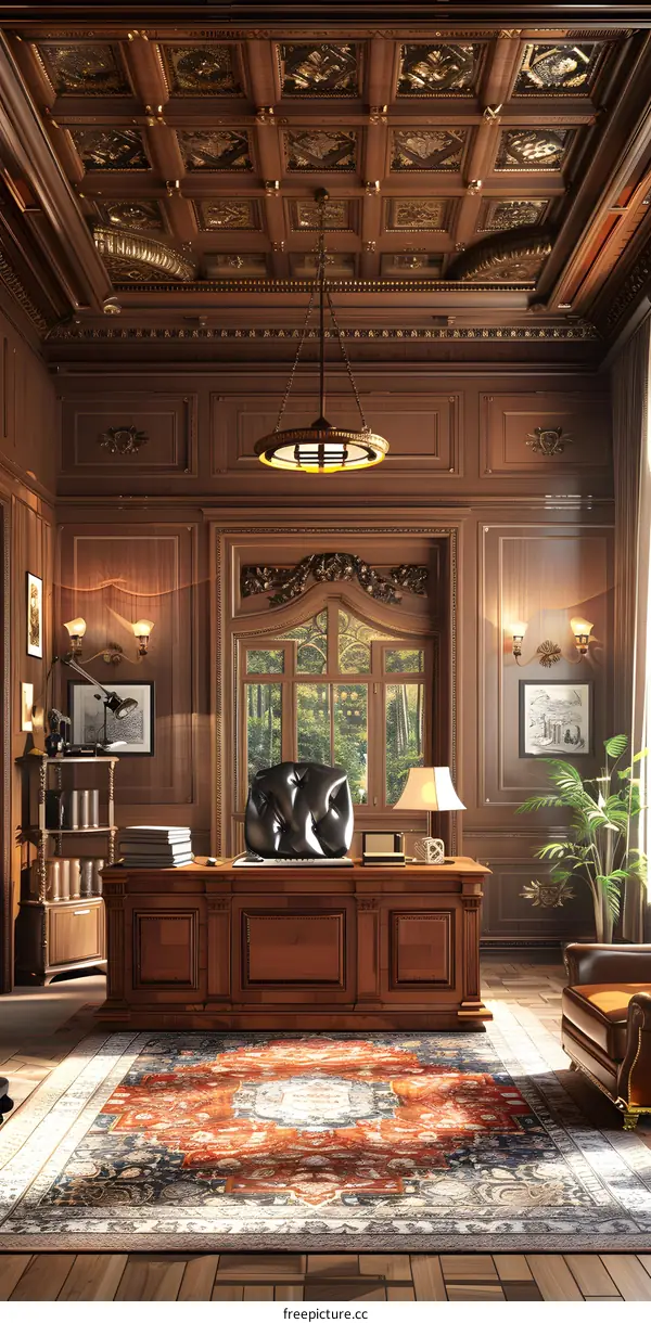 Luxurious wooden office interior with a large desk and a leather chair